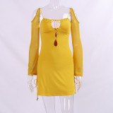 Women Long Sleeve Lace Up Hollow Out Long Sleeve Dress