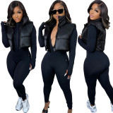 Women Solid Turn Down Collar Padded Vest