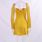 Women Long Sleeve Lace Up Hollow Out Long Sleeve Dress