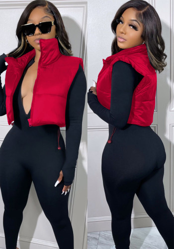 Women Solid Turn Down Collar Padded Vest