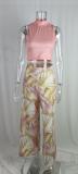 Women Round Neck Sleeveless Top and Print Pant Two Piece