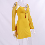 Women Long Sleeve Lace Up Hollow Out Long Sleeve Dress