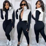 Women Solid Turn Down Collar Padded Vest