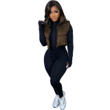 Women Solid Turn Down Collar Padded Vest