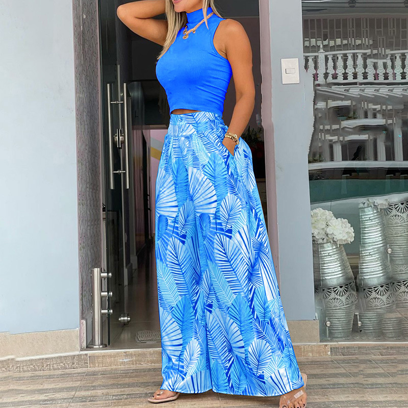 Round Neck Sleeveless Top & Printed Pants Two-Piece Set