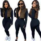 Women Solid Turn Down Collar Padded Vest