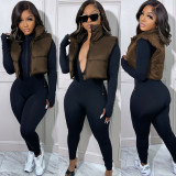 Women Solid Turn Down Collar Padded Vest