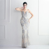 Positioning Flower Beading Wool Dress Long Formal Party Slim Evening Dress