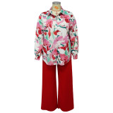 Fall Women's Loose Plus Size Casual Print Shirt Top + Wide Leg Pants Set