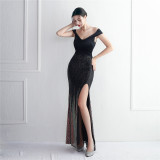 Fleece Sequin Long Formal Party Slim Evening Dress
