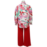 Fall Women's Loose Plus Size Casual Print Shirt Top + Wide Leg Pants Set