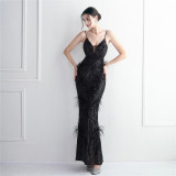 Positioning Flower Beading Wool Dress Long Formal Party Slim Evening Dress