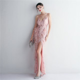 Positioning Flower Beading Wool Dress Long Formal Party Slim Evening Dress