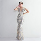 High Density Strong Sequin Positioning Flower Formal Party Slim Fit Sexy Evening Dress