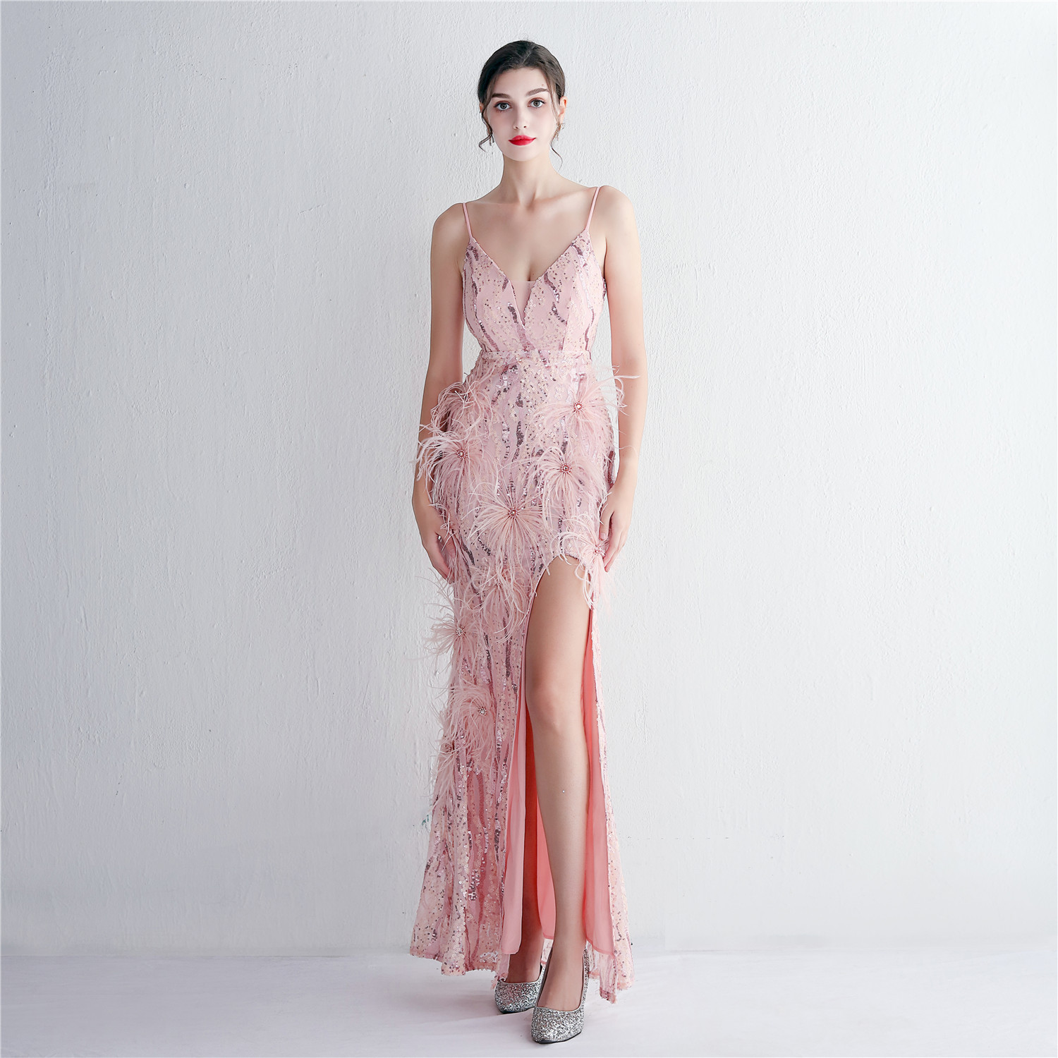 Positioning Flower Beading Wool Dress Long Formal Party Slim Evening Dress