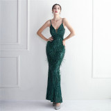 Positioning Flower Beading Wool Dress Long Formal Party Slim Evening Dress