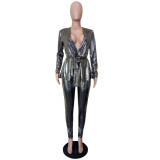 Women'S Slim Fashion Shiny Long Sleeve Suit With Belt