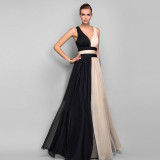 Women'S Chiffon Contrast Sleeveless V-Neck Patchwork Long Evening Dress