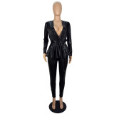 Women'S Slim Fashion Shiny Long Sleeve Suit With Belt
