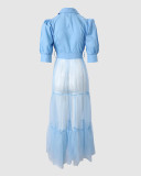 Fall/Winter Solid Color Puff Sleeve Lace-Up Long Mesh Patchwork Top
