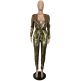 Women'S Slim Fashion Shiny Long Sleeve Suit With Belt