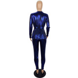 Women'S Slim Fashion Shiny Long Sleeve Suit With Belt