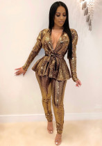 Women'S Slim Fashion Shiny Long Sleeve Suit With Belt