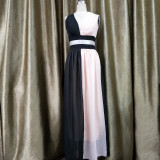 Women'S Chiffon Contrast Sleeveless V-Neck Patchwork Long Evening Dress