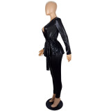 Women'S Slim Fashion Shiny Long Sleeve Suit With Belt