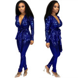 Women'S Slim Fashion Shiny Long Sleeve Suit With Belt