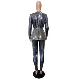 Women'S Slim Fashion Shiny Long Sleeve Suit With Belt
