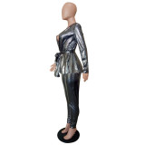 Women'S Slim Fashion Shiny Long Sleeve Suit With Belt