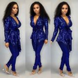 Women'S Slim Fashion Shiny Long Sleeve Suit With Belt