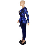 Women'S Slim Fashion Shiny Long Sleeve Suit With Belt