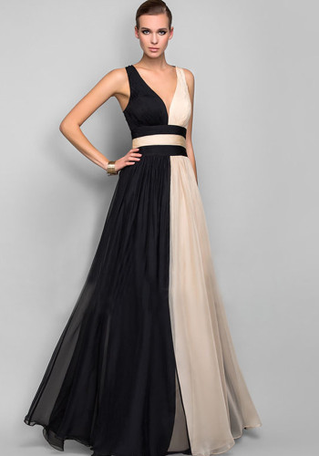 Women'S Chiffon Contrast Sleeveless V-Neck Patchwork Long Evening Dress