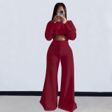 Women Casual Long Sleeve Crop Top and Pocket Pant Two Piece