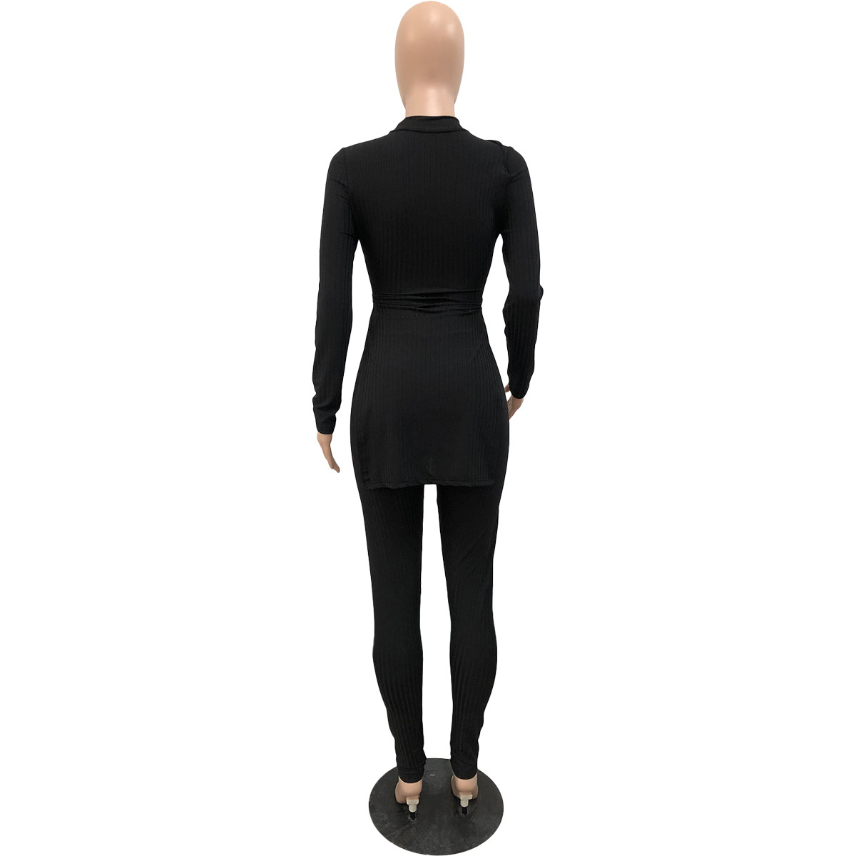 Women Ribbed Lace-Up Round Neck Long Sleeve Top and Pant Two Piece