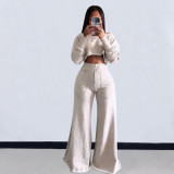 Women Casual Long Sleeve Crop Top and Pocket Pant Two Piece