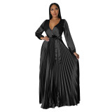 Women Autumn V-Neck Balloon Sleeve Pleated Dress
