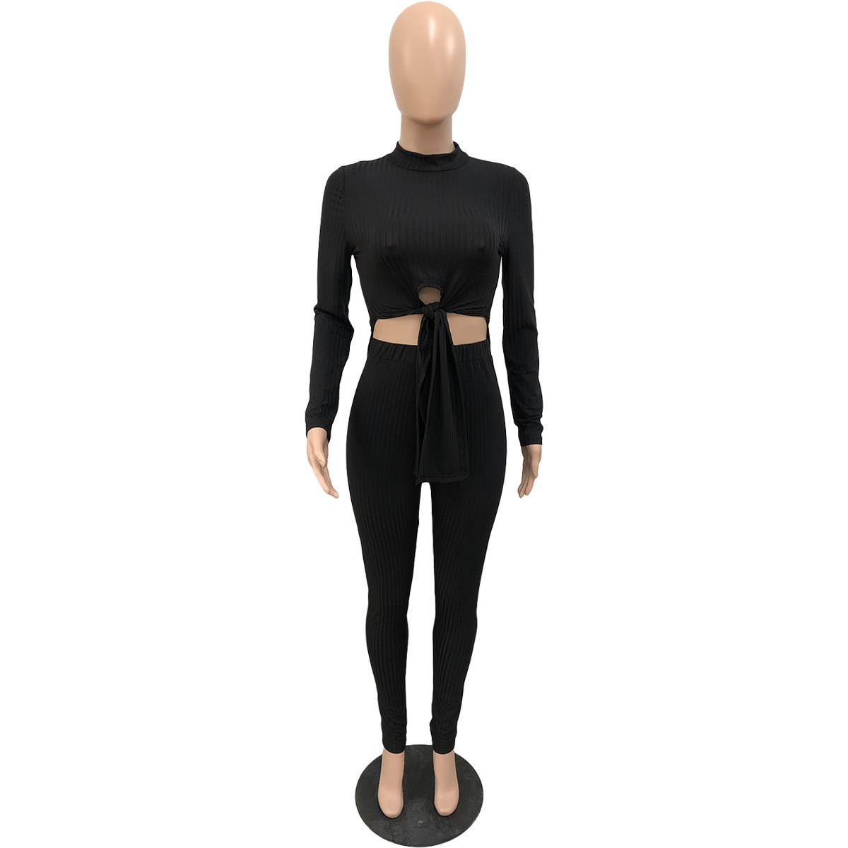 Women Ribbed Lace-Up Round Neck Long Sleeve Top and Pant Two Piece