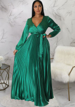 Women Autumn V-Neck Balloon Sleeve Pleated Dress Women Autumn V-Neck Balloon Sleeve Pleated Dress