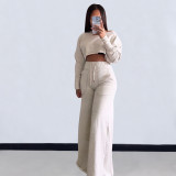 Women Casual Long Sleeve Crop Top and Pocket Pant Two Piece