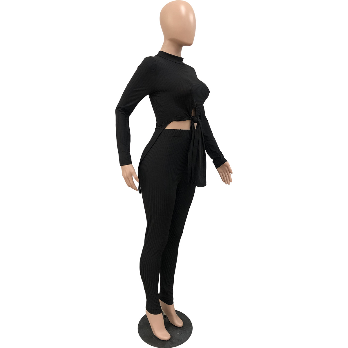 Women Ribbed Lace-Up Round Neck Long Sleeve Top and Pant Two Piece