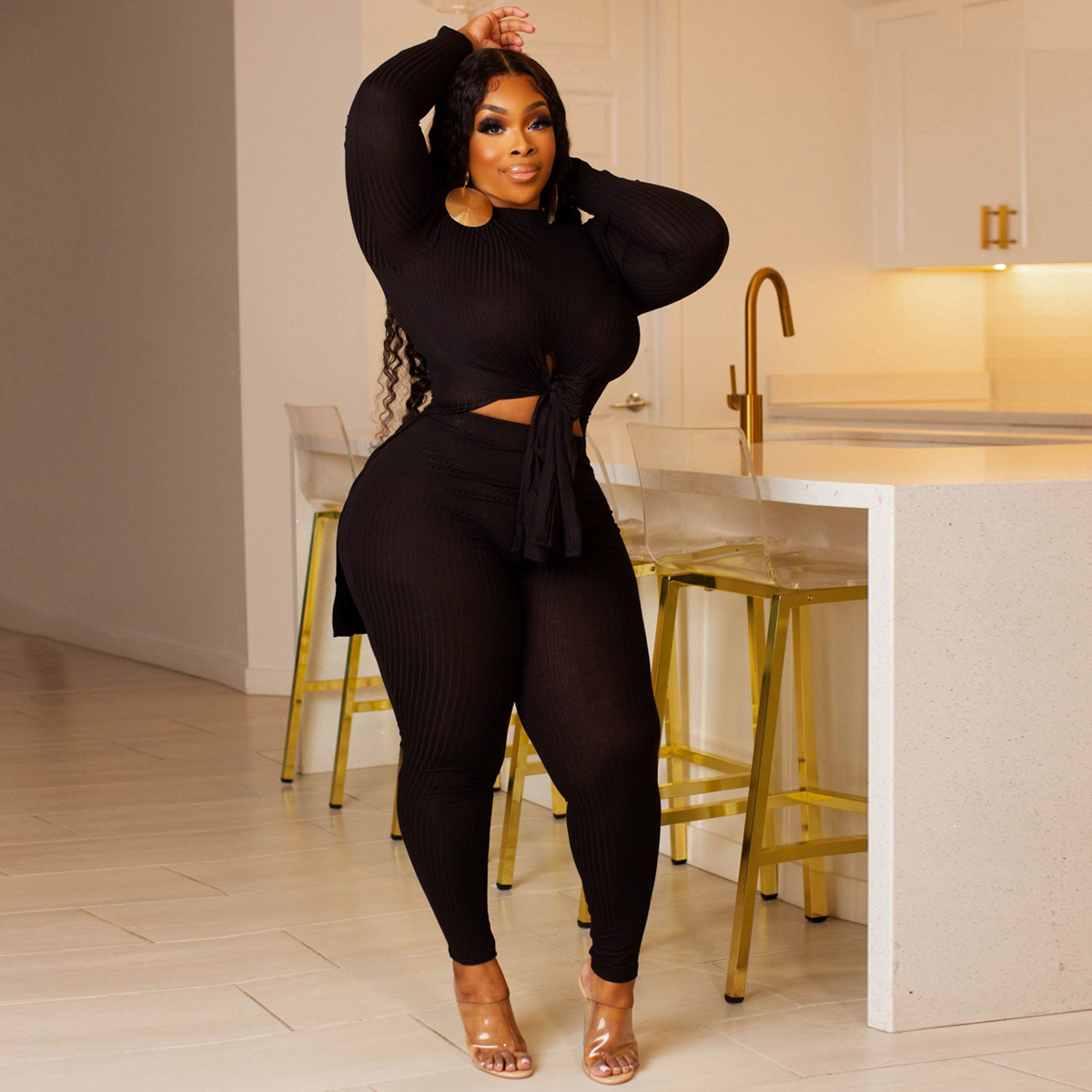 Women Ribbed Lace-Up Round Neck Long Sleeve Top and Pant Two Piece