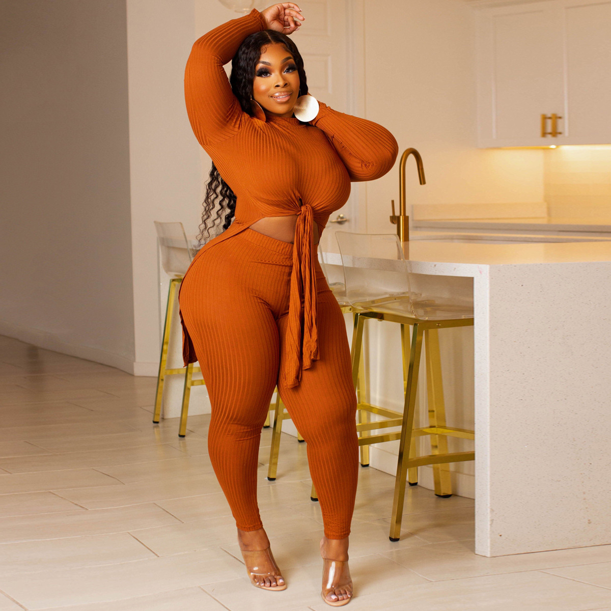 Women Ribbed Lace-Up Round Neck Long Sleeve Top and Pant Two Piece