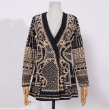 Women French Vintage Beaded Print V-Neck Casual Jacket