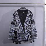 Women French Vintage Beaded Print V-Neck Casual Jacket