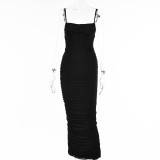 Strap Dress Women'S Fall Sexy Low Back Tight Fitting Chic Slim Waist Pleated Long Dress