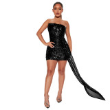 Fashion Women Strapless Streamer Sequins Bodycon Dress