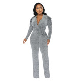 Women'S Sexy Slim Waist V Neck Puff Sleeve Shiny Knitting Jumpsuit